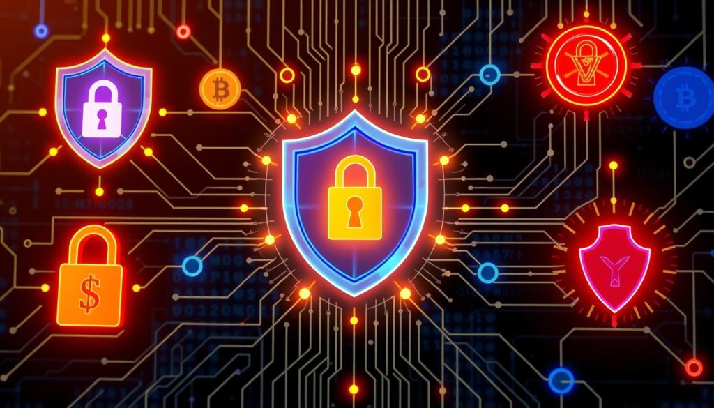 Cybersecurity concept showing digital protection of cryptocurrency assets Cybersecurity concept showing digital protection of cryptocurrency assets