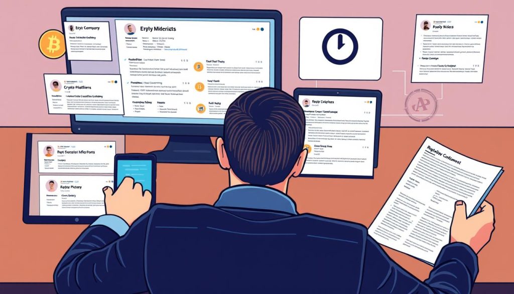 Person researching cryptocurrency platforms before investing Person researching cryptocurrency platforms before investing