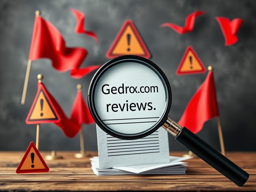 Warning signs and red flags concept with magnifying glass examining Gedrox.com reviews Warning signs and red flags concept with magnifying glass examining Gedrox.com reviews
